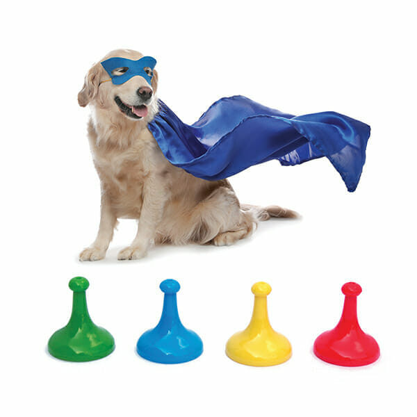 Adorable dog in blue superhero cape and mask on white background